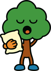 Vector illustration of a sleepy tree cartoon character with green crown, brown trunk, closed eyes, holding a pillow, perfect for mascot, kids, bedtime, and fun design