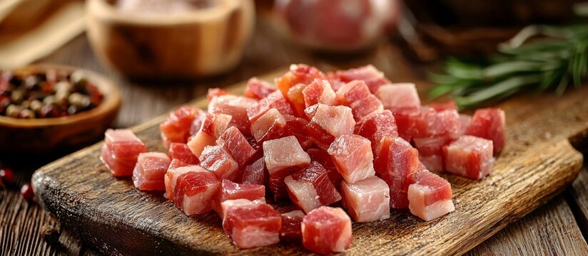 Savory bacon cubes arranged on a rustic wooden board.