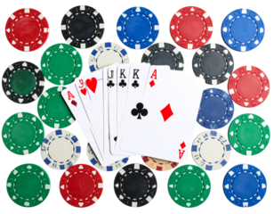 Classic Poker Card Symbols with Casino Chips, Flat Lay Isolated PNG