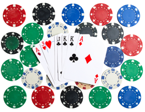 Classic Poker Card Symbols with Casino Chips, Flat Lay Isolated PNG