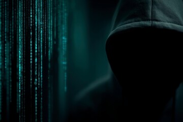binary code background with hooded figure
