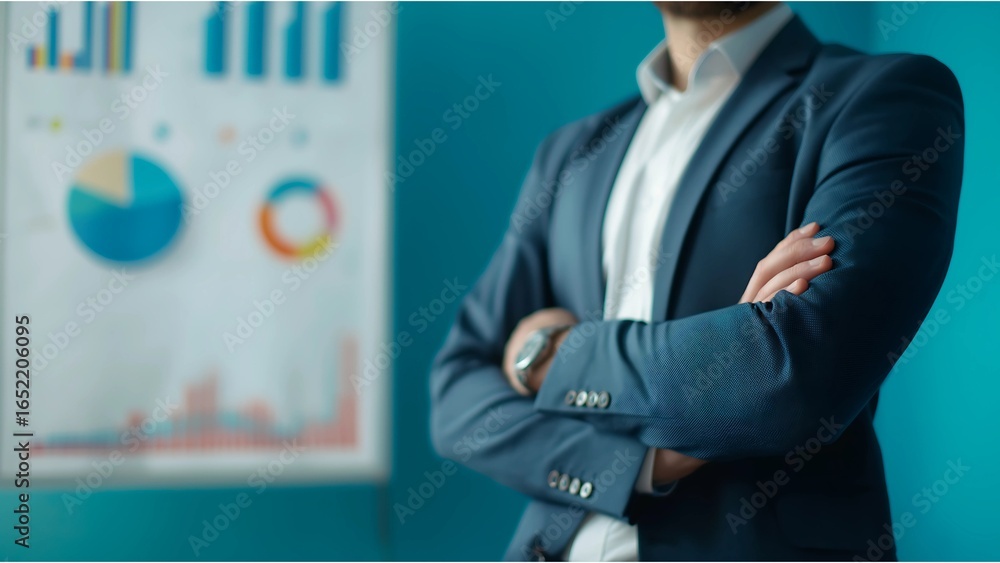 Poster a man in a blue suit is standing in front of a wall with a large graph on it
