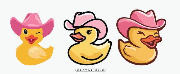 Naklejka premium Three cartoon ducks wearing pink cowboy hats in different styles and expressions