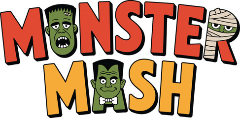 Monster Mash text with Frankenstein and Mummy characters