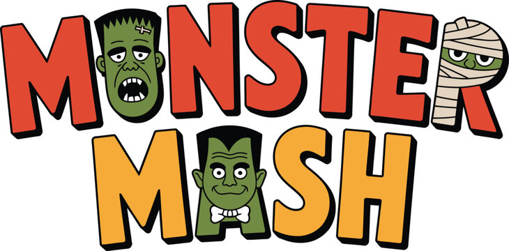 Monster Mash text with Frankenstein and Mummy characters