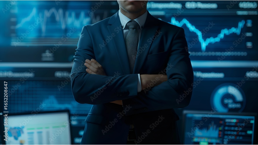 Poster a man in a suit stands in front of a computer monitor with a lot of graphs on it