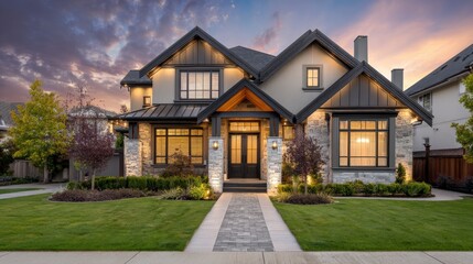 beautiful exterior of newly built luxury home yard with green grass and walkway lead to front entrance no logos no brands ar 169