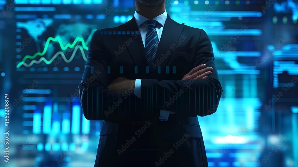 Poster a man in a suit is standing in front of a computer screen with a lot of graphs