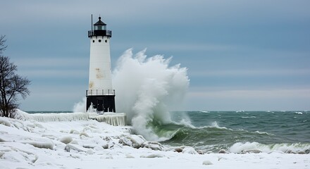 Majestic lighthouse battered by powerful waves during a winter storm
