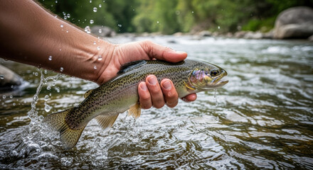 Angler catches lively rainbow trout by hand in clear river water, showcasing catch and release fishing practice, vibrant aquatic scenery and outdoor adventure