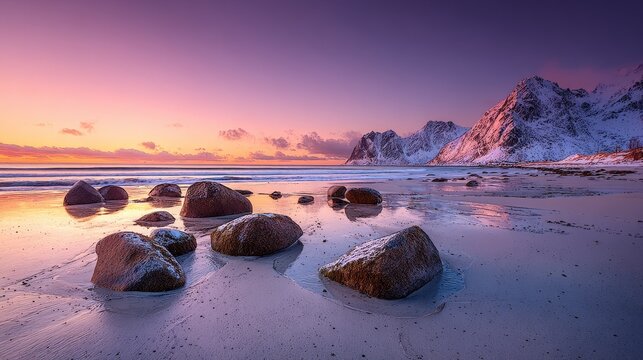 A beautiful arctic sunset paints the sky with warm hues over snow-capped mountains and a beach dotted with smooth boulders. - Powered by Adobe
