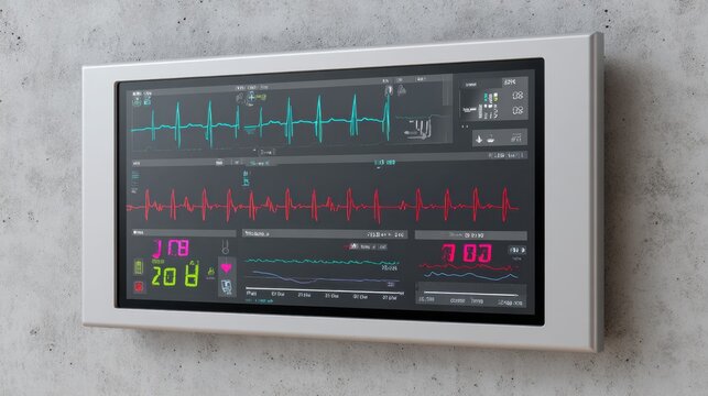 Modern Medical Monitor Displaying Heart Rate and Vital Signs in Clinical Environment with Detailed Graphic Readings