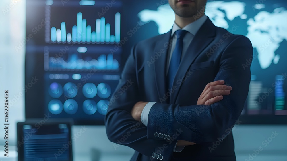 Poster a man in a suit stands in front of a computer monitor