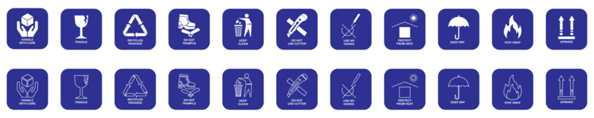 Set of fragile package icons in blue color isolated on white background. Fragile packaging signs and symbols. fragile package care instructions vector design. Handle with care, keep clean, keep dry
