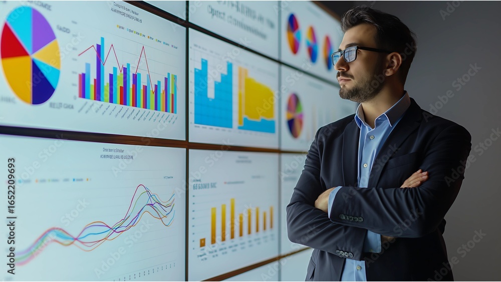 Poster a man is looking at a large screen with many graphs on it