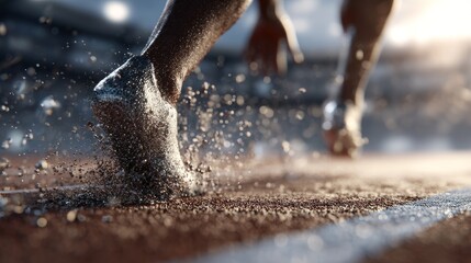Feet of a sprinter kicking up dust while running on a dirt track, showcasing athletic motion and speed.