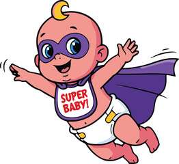 Cartoon superhero baby flying with cape, wearing bib and diaper, comic style vector illustration, playful heroic pose for kids theme
