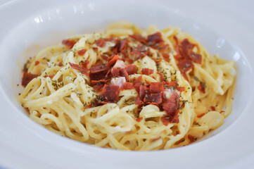 pasta carbonara ,spaghetti or spaghetti carbonara or bacon spaghetti