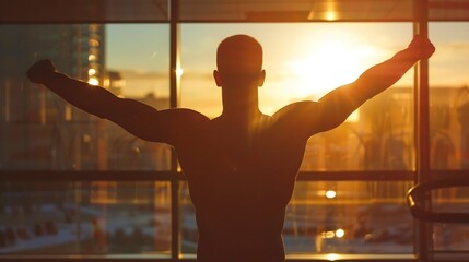 Silhouette of man stretching against sunrise light in gym window peaceful and inspiring cinematic glow