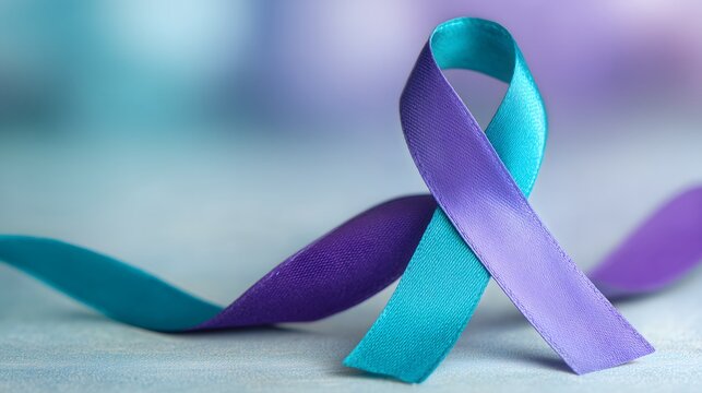 Teal and purple awareness ribbon symbolizing suicide prevention, domestic violence awareness, sexual assault support, mental health advocacy, strength, hope, and global awareness causes