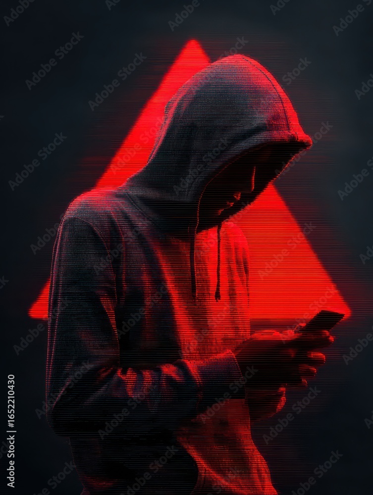 Poster person in hoodie using phone with red warning sign overlayed against a dark background image view