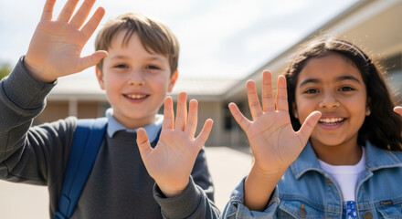 Smiling elementary school friends wave hands outdoors in sunshine, cheerful kids greeting together, friendship and happiness during recess break