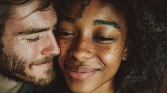 portrait of attractive couple embracing each other closeup loving multiethnic couple embracing and kissing closeup face of cheerful boyfriend and african girl cuddling in love at home no logos no bra - Powered by Adobe