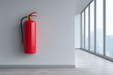 Obraz premium A red fire extinguisher is mounted on a wall in a room