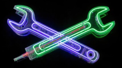 Crossed Neon Wrenches and Screwdriver in Bright Colors for Modern Tool and Repair Imagery