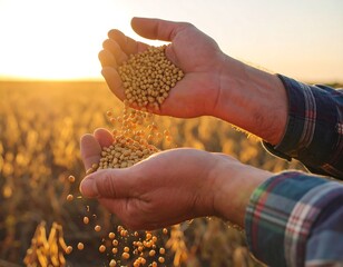 Hands holding soybean seeds falling