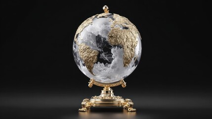 Elegant antique globe with gold accents showcasing continents and oceans on a black background