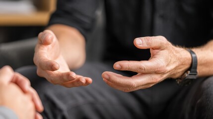closeup of therapists hands explaining a problem to his patients no logos no brands ar 169