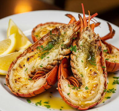 A plate of grilled lobster served with garlic butter sauce, lemon wedges