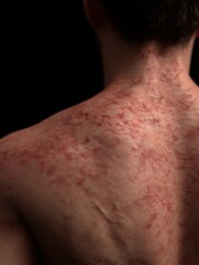 Fototapeta premium a highly detailed closeup of a persons back with red inflamed skin rashes and irritation visible patches of redness and swelling dermatological skin condition soft and even medical