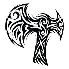 Intricate Black Tribal Axe with Swirls and Geometric Pattern on White Background