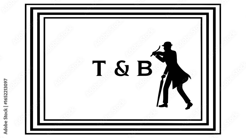 Poster silhouette of a man with a cane and a hat next to the letters t and b inside of a triple border