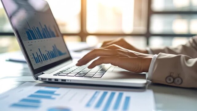 Data Analysis: Businesswoman Reviewing Financial Charts on Laptop