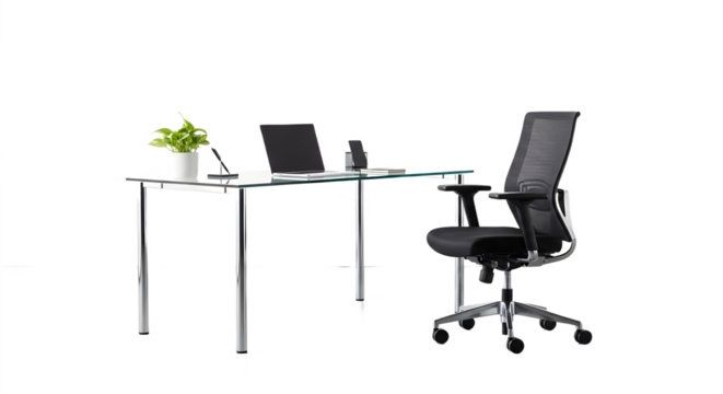 Modern office setup featuring a glass desk and ergonomic chair design