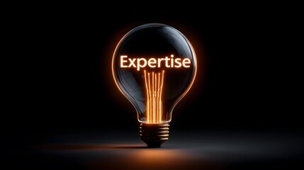 Glowing light bulb with the word expertise inside, symbolizing innovation, professional knowledge, skills, creativity, leadership, and bright ideas on a dark background