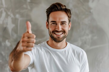 Smiling fitness coach giving thumbs up modern outfit clean background warm approachable mood stock ready high resolution