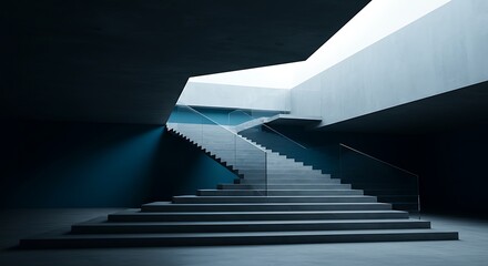 Modern concrete staircase with glass railings illuminated by natural light