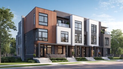 Modern Residential Townhouses with Clean Lines and Natural Elements in Bright Daylight Setting