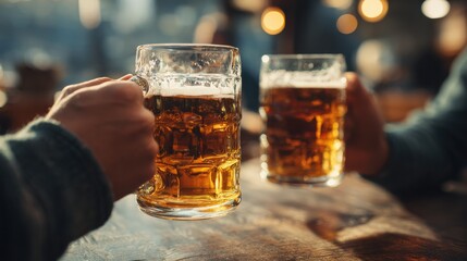 people leisure and drinks concept  close up of male hands clinking beer mugs at bar or pub no logos no brands ar 169