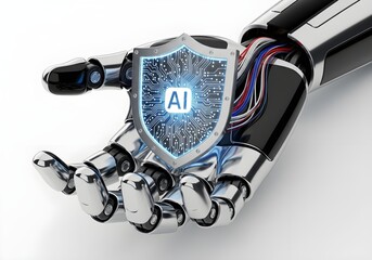 Cybernetic hand holding a shield icon with embedded AI circuits, glowing softly, isolated on white.
