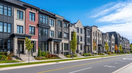 Fototapeta premium Modern Residential Homes in Suburban Neighborhood with Clear Sky and Lush Green Landscaping