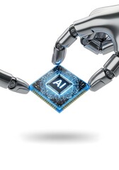 Robotic fingers lifting AI diamond-shaped chip with micro-circuit detail, sharp clarity, on white background.
