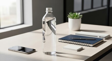 Clear Water Bottle on Desk with Succulent, Notebook, and Smartphone