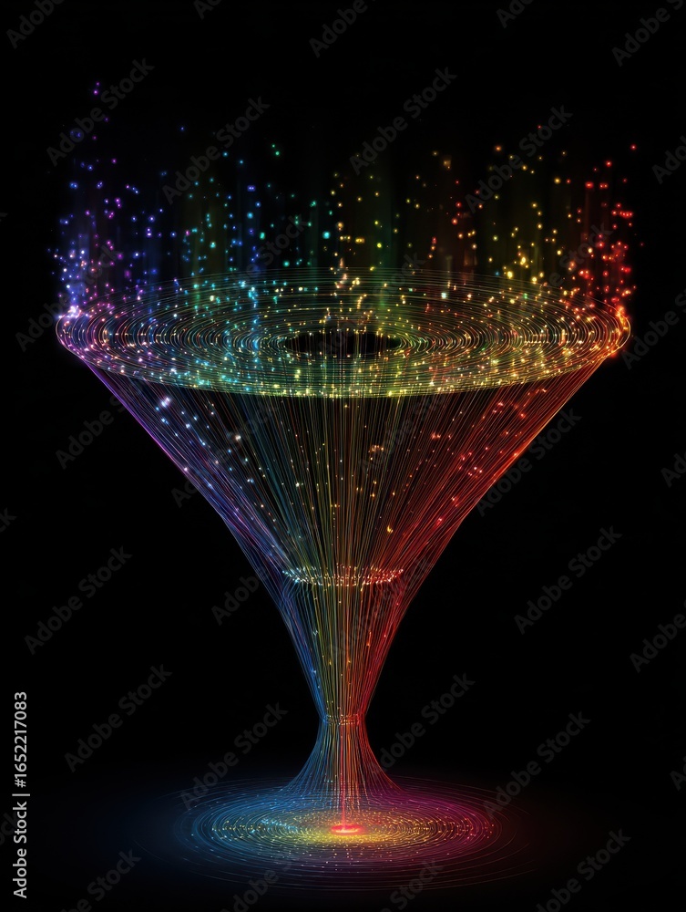 Poster large digital funnel in rainbow colors representing big data technology and information processing a