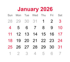 Monthly calendar of January 2026 on transparent background