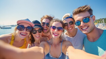 Fototapeta premium summer holidays vacation and happiness concept group of friends taking selfie with smartphone no logos no brands ar 169